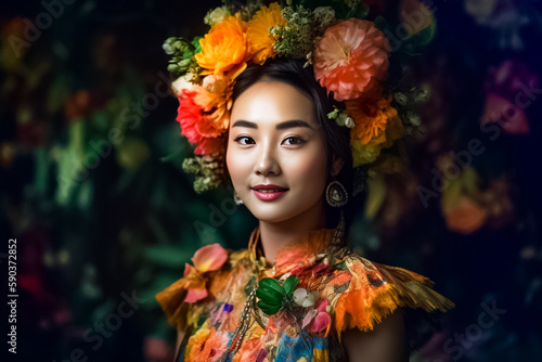Japanese woman in angura kei gold floral dress, intricate design, vibrant flower, dark orange and light gold colors. generative AI