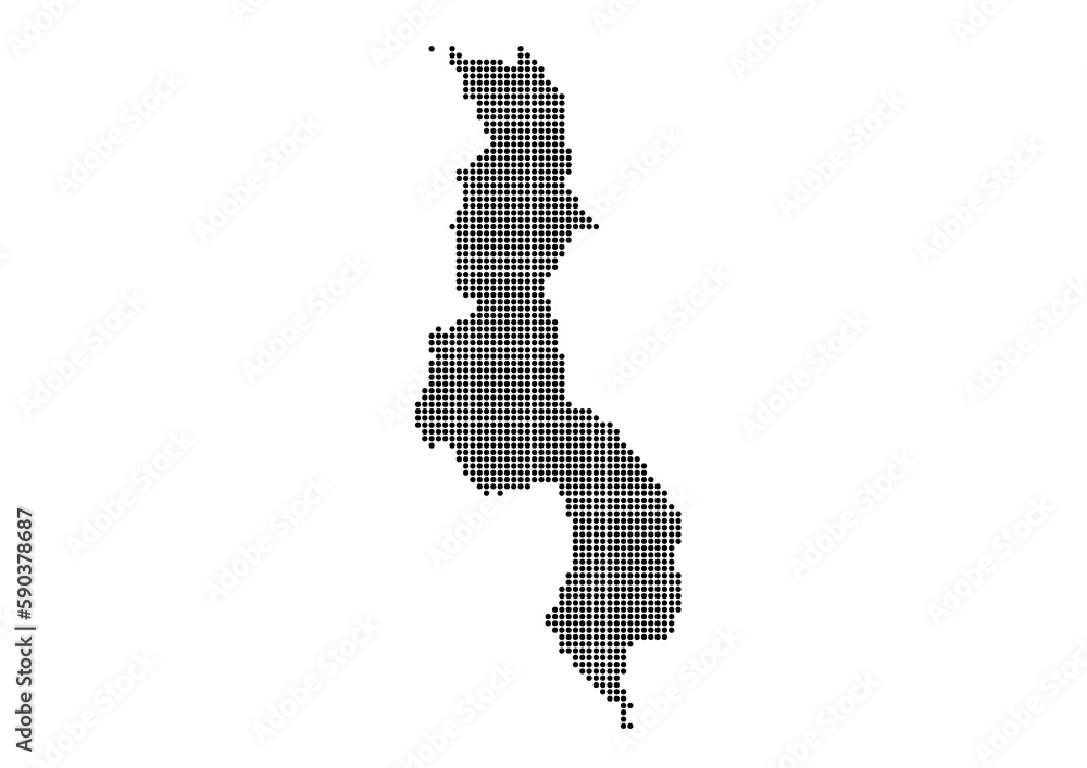 An abstract representation of Malawi,Malawi map made using a mosaic of black dots. Illlustration suitable for digital editing and large size prints. 