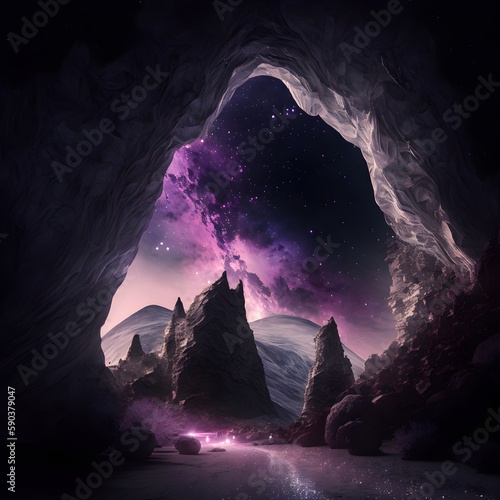 Photographie three fantasy inspired dark organic archways in the middle of ominous black shar