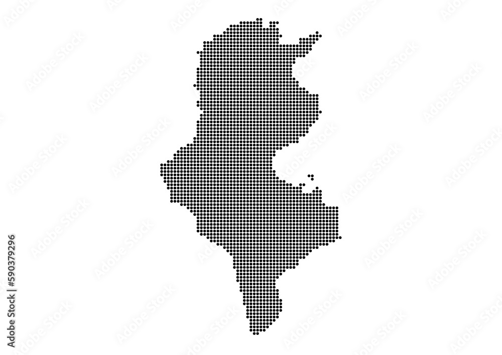 An abstract representation of Tunisia,Tunisia map made using a mosaic of black dots. Illlustration suitable for digital editing and large size prints. 