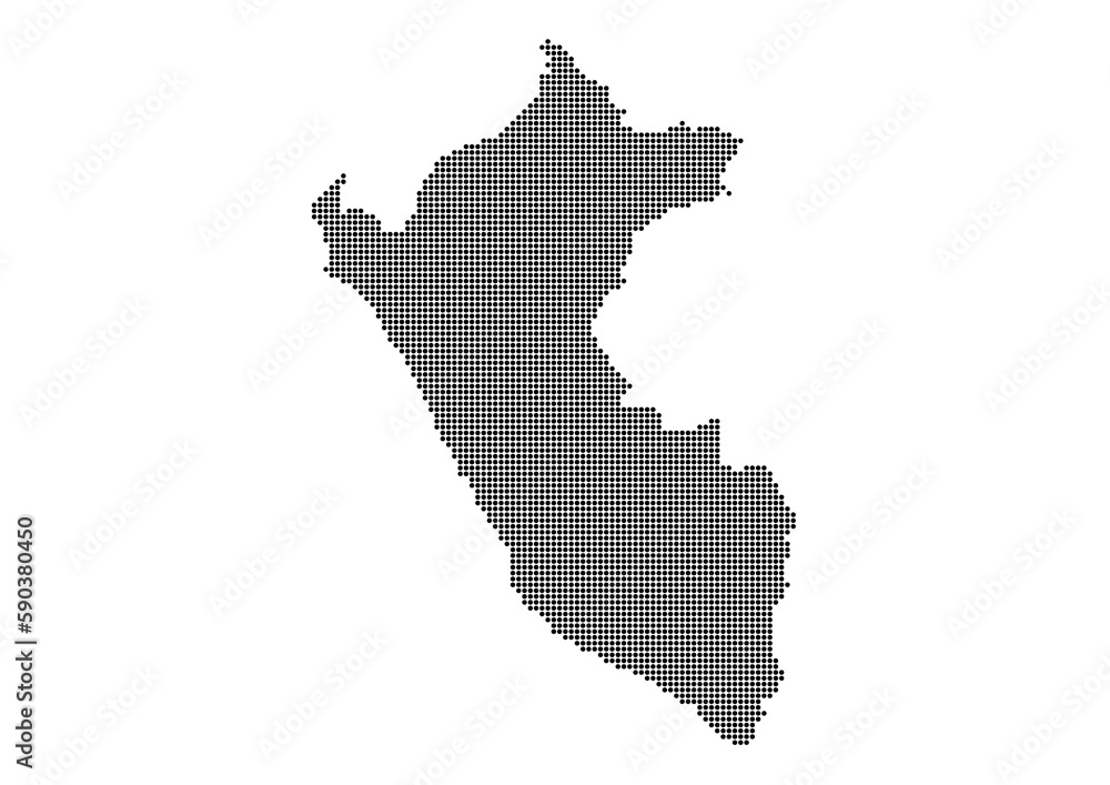 An abstract representation of Peru,Peru map made using a mosaic of black dots. Illlustration suitable for digital editing and large size prints. 