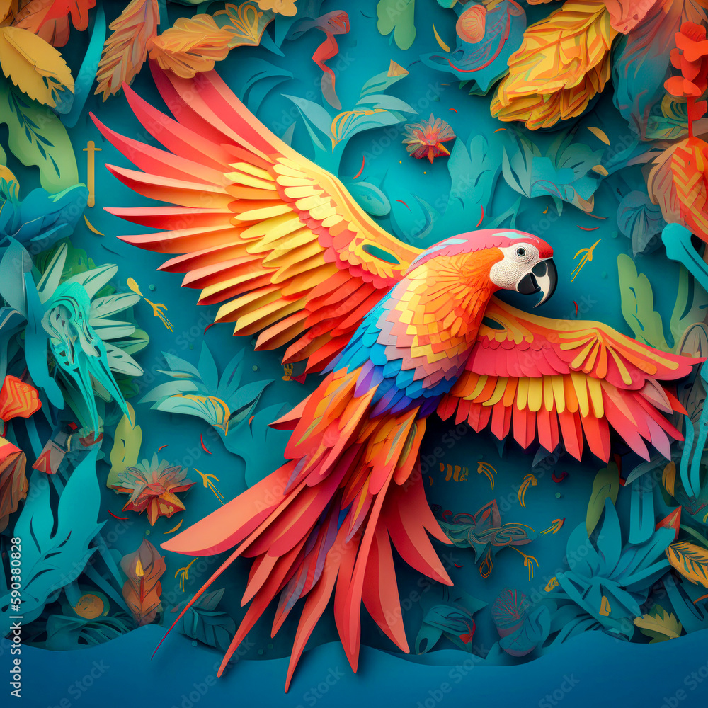 Obraz premium Macaw in flight Kirigami paper art: Create a macaw in flight that the sky and the surrounding jungle foliage to create a paper layered effect
