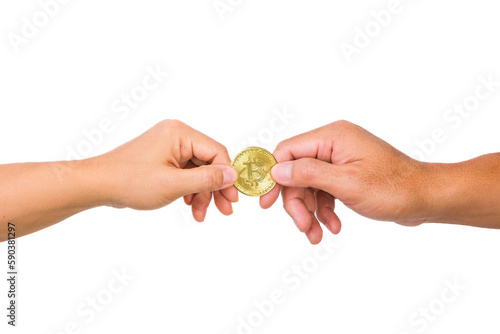 Male and female hands holding bitcoin crypto currency on white background. Business finance and investment concept.