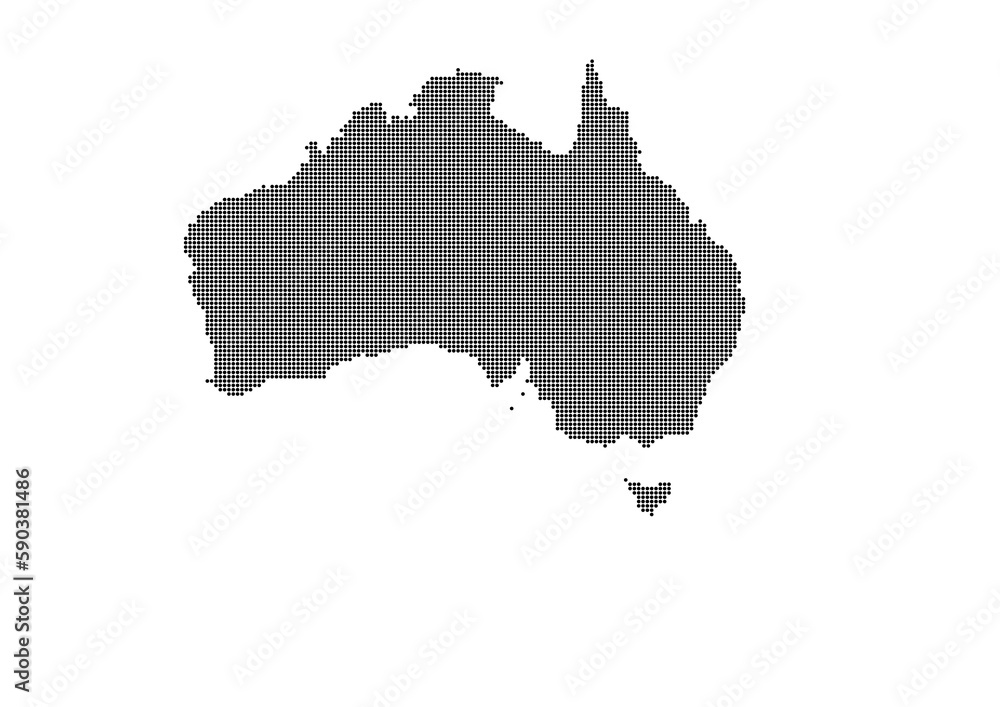 An abstract representation of Australia,Australia map made using a mosaic of black dots. Illlustration suitable for digital editing and large size prints. 