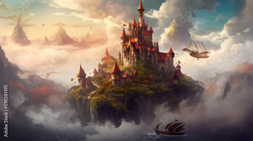 ai generated landscape of a sky castle fantasy landscape with floating castles