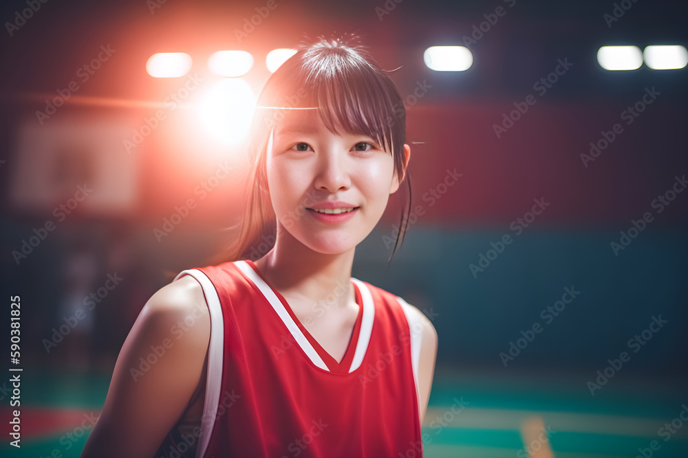 Obraz premium Basketball girl, an Asian sportswoman in red sportswear at a Basketball court with Highlight on her. generative AI