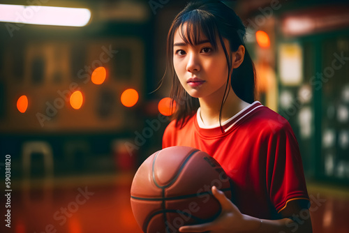 Basketball girl, an Asian sportswoman in red sportswear at a Basketball court with Highlight on her. generative AI