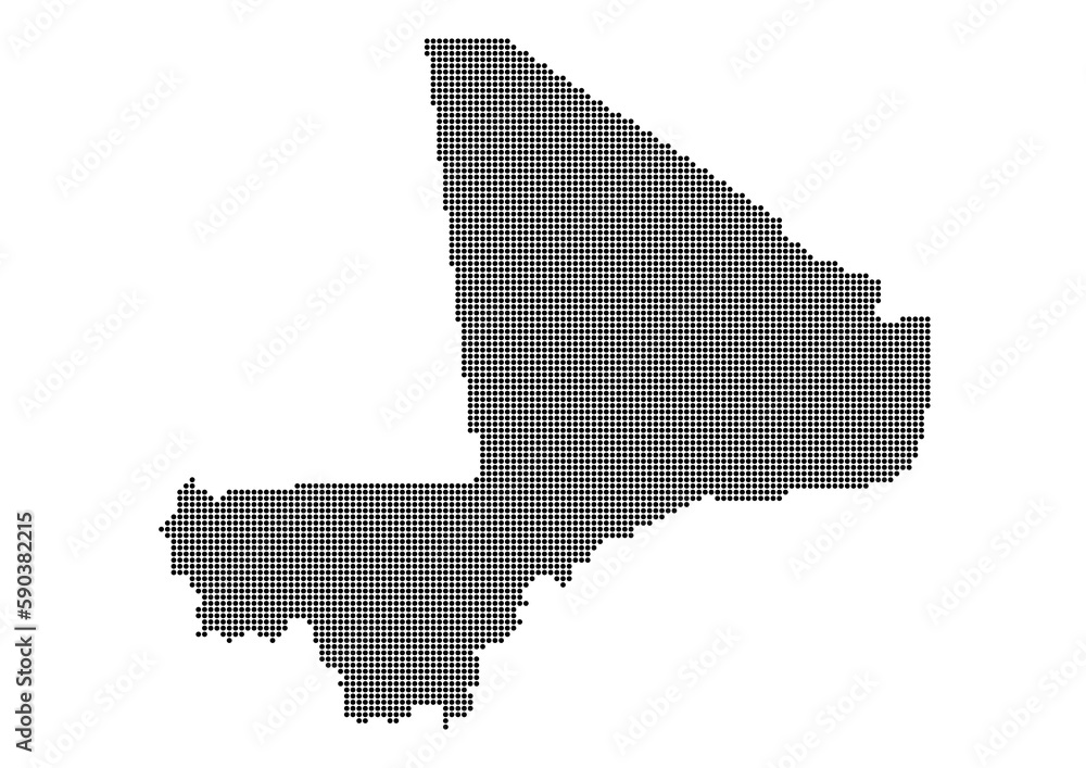 An abstract representation of Mali,Mali map made using a mosaic of black dots. Illlustration suitable for digital editing and large size prints. 
