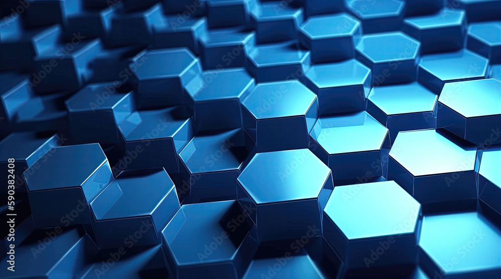 Abstract blue neon hexagons shape and lines with science concept background. Generative AI Abstract blue neon hexagons shape and lines with science concept background. Generative AI