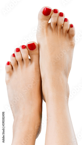 Beautiful female legs with red pedicure on background