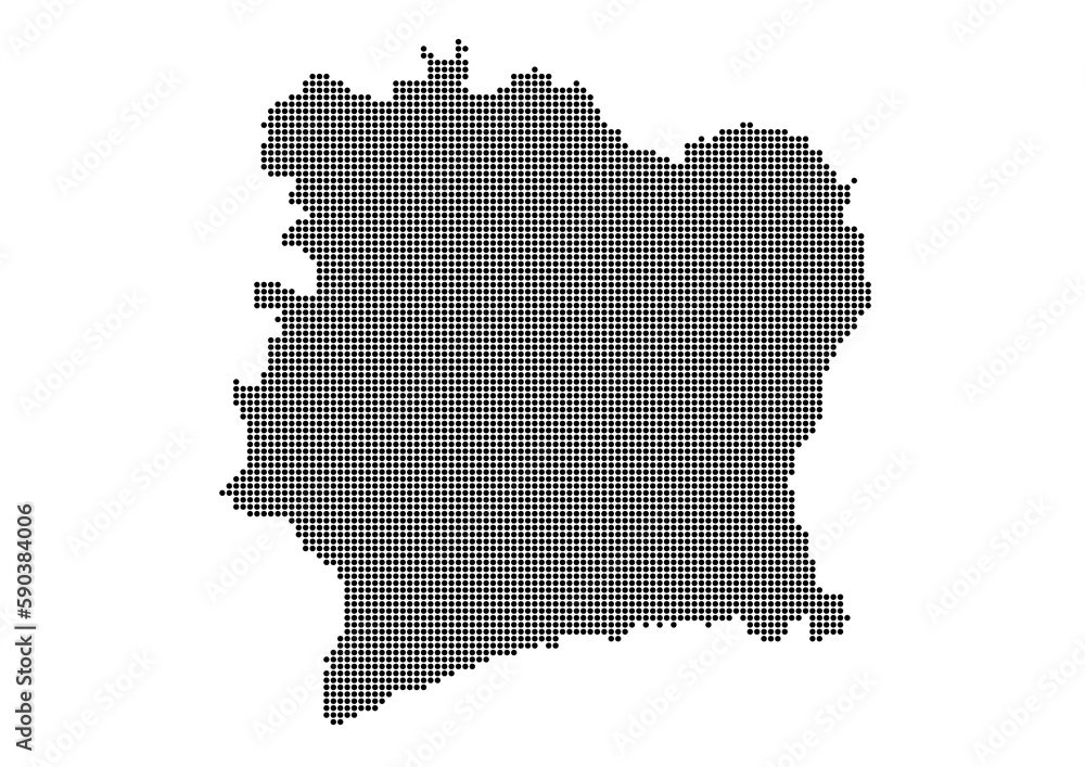 An abstract representation of Ivory Coast,Ivory Coast map made using a mosaic of black dots. Illlustration suitable for digital editing and large size prints. 