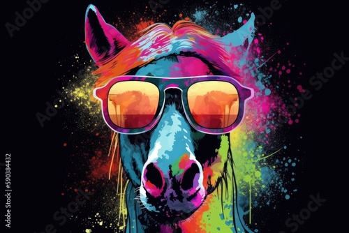 horse in sunglasses realistic with paint splatter abstract 