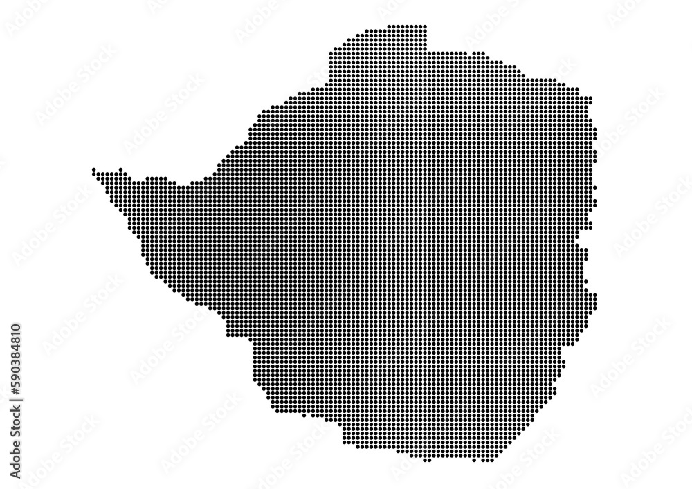 An abstract representation of Zimbabwe,Zimbabwe map made using a mosaic of black dots. Illlustration suitable for digital editing and large size prints. 
