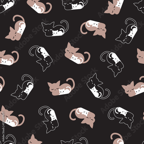 Sleeping Feline Cat Family Vector Seamless Pattern