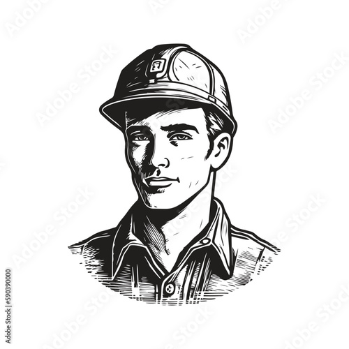 worker man in hard hat, vintage logo concept black and white color, hand drawn illustration