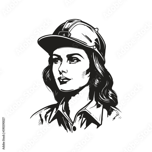 worker woman in hard hat, vintage logo concept black and white color, hand drawn illustration