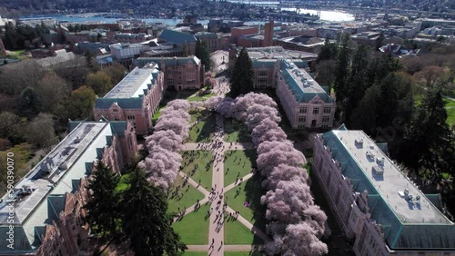 Aerial Transition from Cityscape to Students on College Campus
