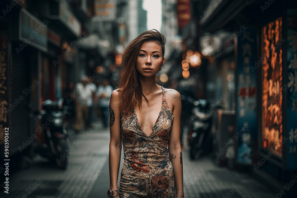 A woman stands in a street in shanghai. Generative Ai A woman stands in a street in shanghai. Generative Ai