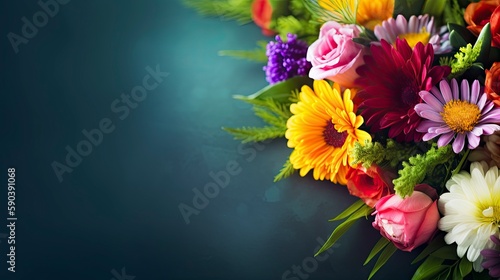 Beautiful Bouquet of flowers background. Valentine's Day, Easter, Birthday, Happy Women's Day, Mother's Day. Flat lay, top view, copy space