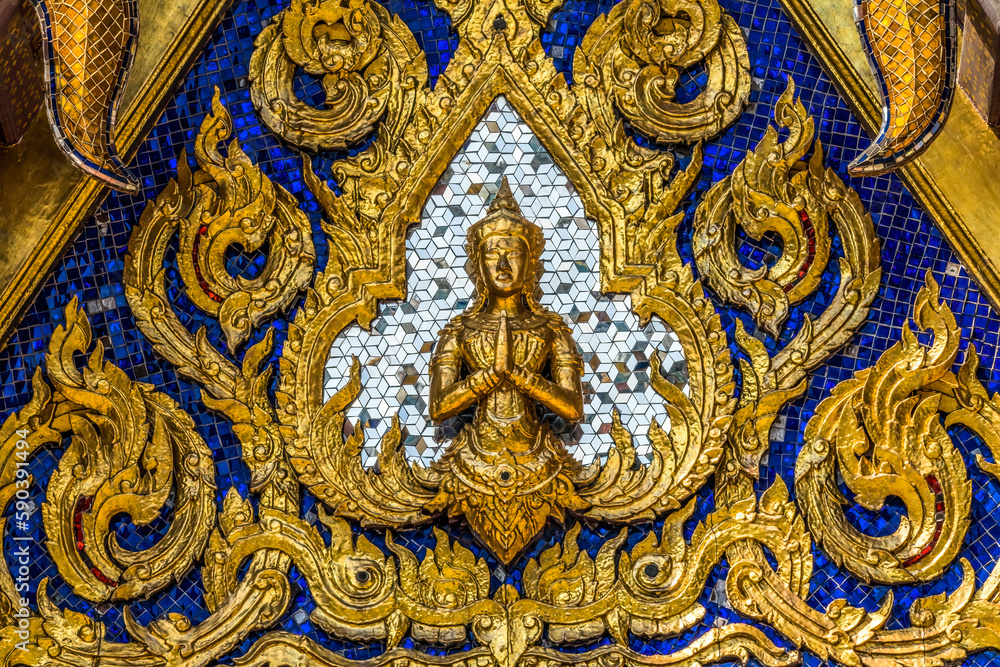 Praying Buddha Pavilion Closeup Grand Palace Bangkok Thailand