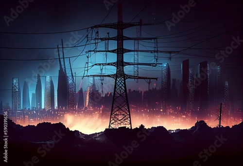 Blackout concept The energy crisis in the EU caused by voluntaristic energy policy has failed transition renewable energy Blackout concept. Silhouette of night city on the background. Generative AI photo