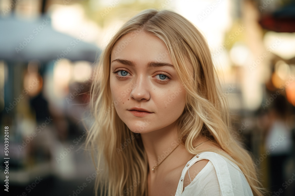 A woman with blonde hair and a white top stands in a street. Generative Ai A woman with blonde hair and a white top stands in a street. Generative Ai