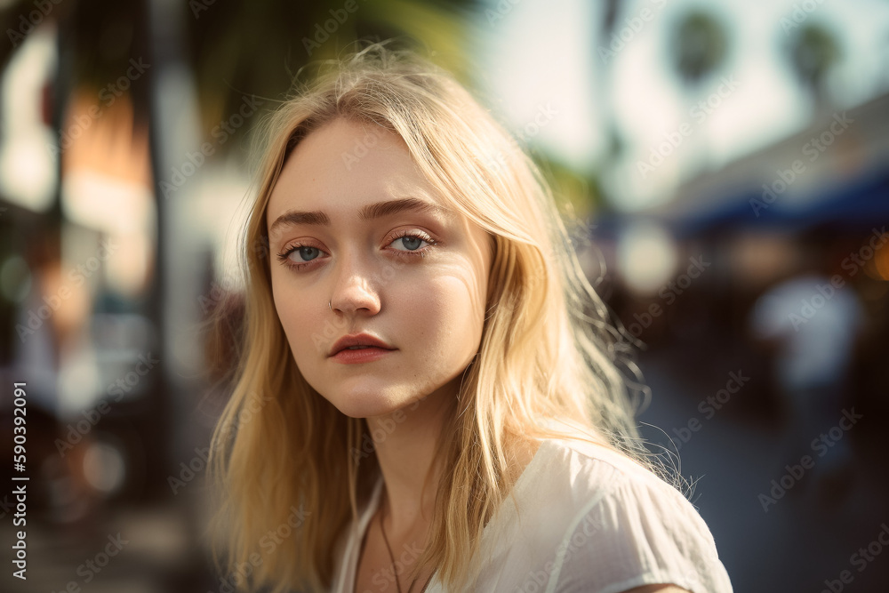 A woman with blonde hair and blue eyes stands on a street. Generative Ai A woman with blonde hair and blue eyes stands on a street. Generative Ai
