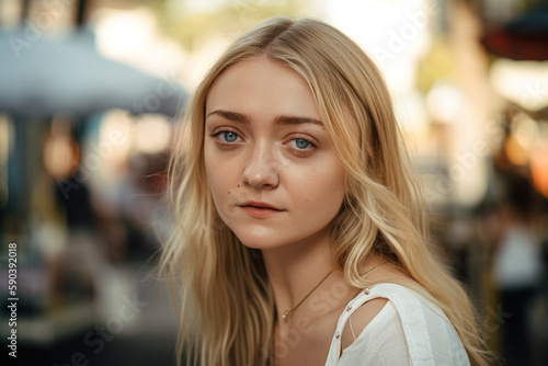 Wallpaper Mural A woman with blonde hair and a white top stands in a street. Generative Ai Torontodigital.ca