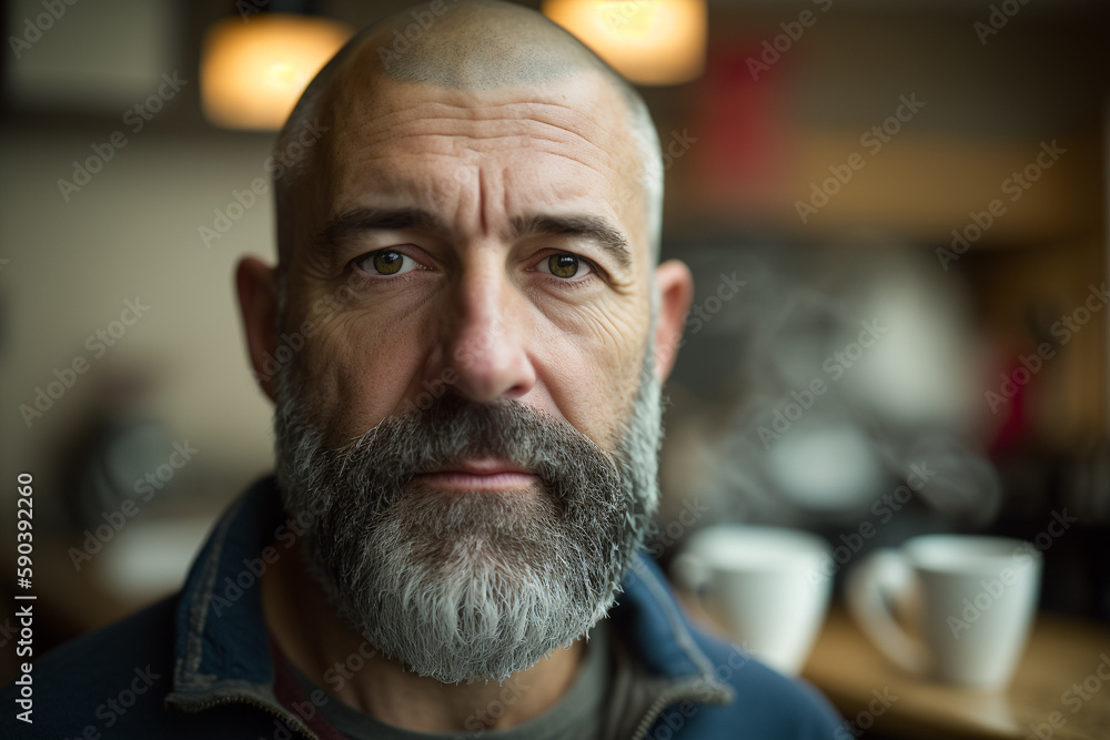 Fototapeta premium A man with a beard and mustache is standing in front of a coffee shop. Generative Ai