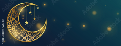 celebrate eid-ul-fitr occasion shiny banner with golden arabic crescent design