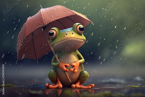 Cute Cartoon Frog Holding an Umbrella in the Rain (Generative AI)