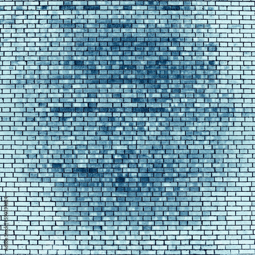 Vivid backdrop with old brick wall in blue tones. Minimal fragment of brickwall close-up. Minimalist monochrome color background with dirty wall of blue bricks close up. Simple wall texture.