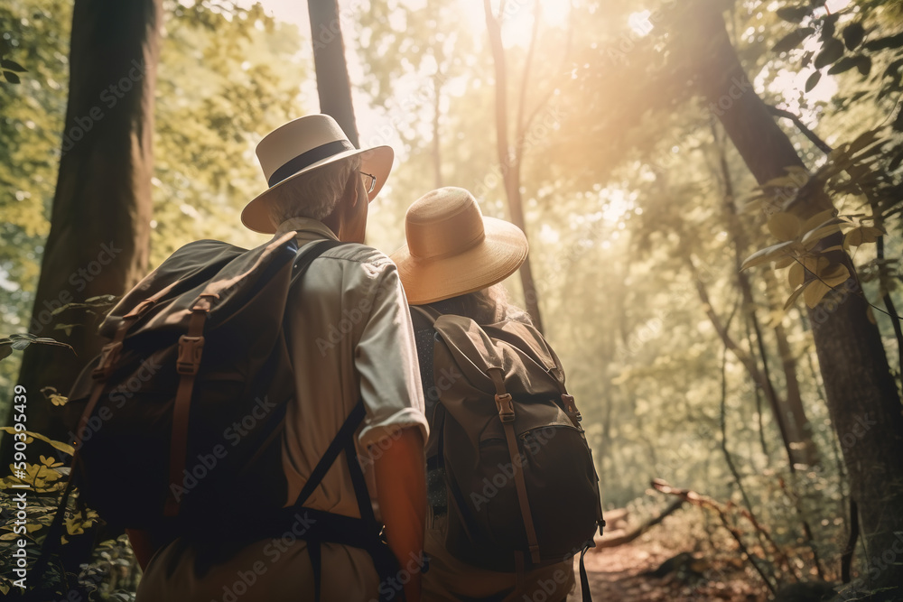Seniors, retirement travel, active old age. Rear view of an elderly couple of travelers, husband and wife together in hats and with backpacks in forest on hike. Generative AI Seniors, retirement travel, active old age. Rear view of an elderly couple of travelers, husband and wife together in hats and with backpacks in forest on hike. Generative AI