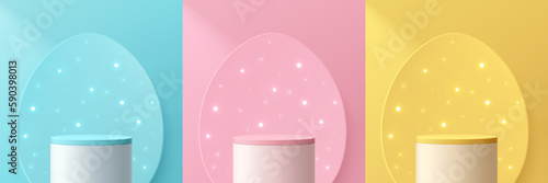 Set of 3D happy easter day background. Yellow, blue, pink and white stand podium with egg shape backdrop. Pastel minimal wall scene. Mockup product display. Abstract geometric platform. Stage showcase