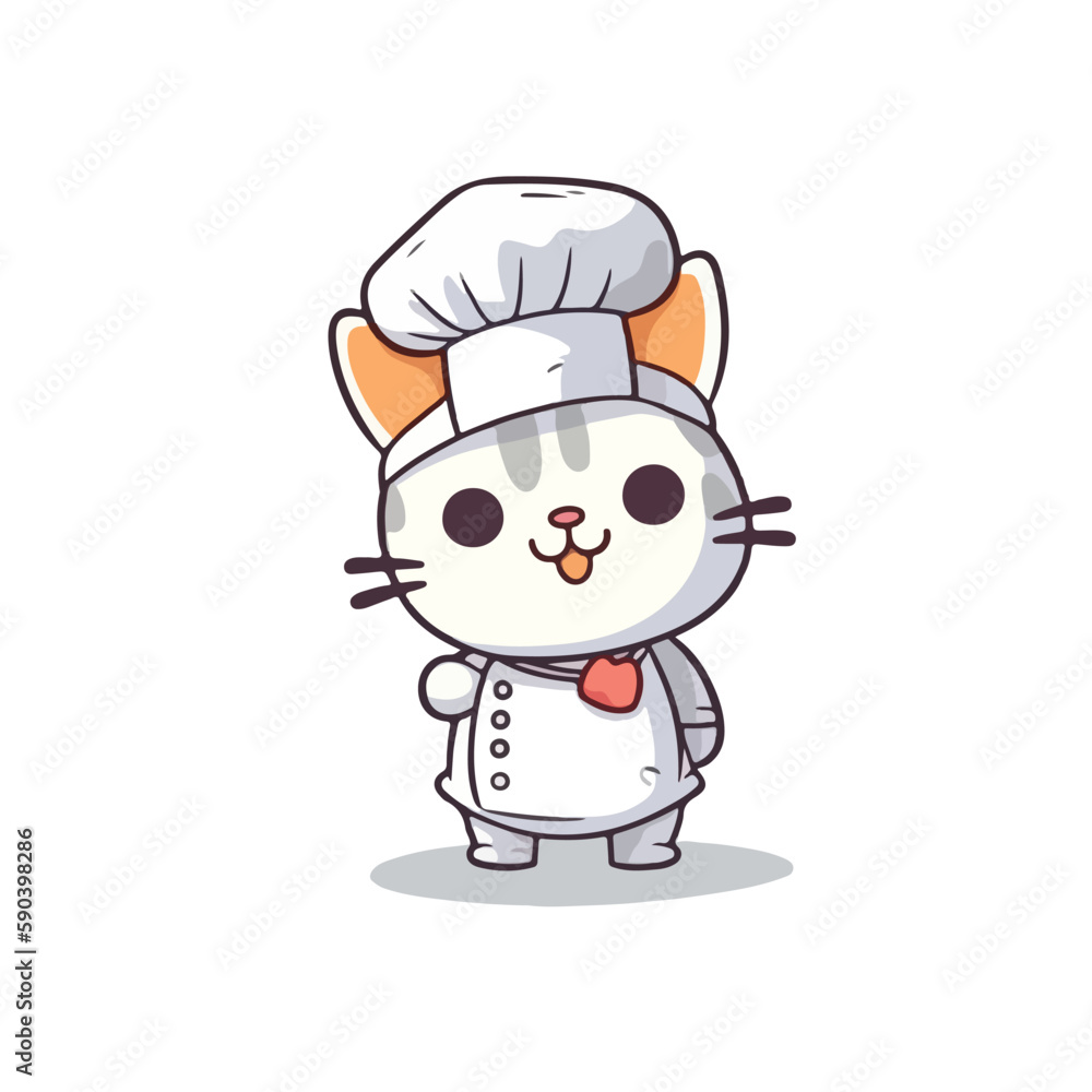 Mascot cartoon of cute smile cat chef wearing chef hat cap and uniform. 2d character vector illustration in isolated background Mascot cartoon of cute smile cat chef wearing chef hat cap and uniform. 2d character vector illustration in isolated background