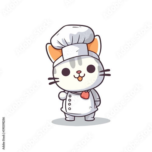 Mascot cartoon of cute smile cat chef wearing chef hat cap and uniform. 2d character vector illustration in isolated background