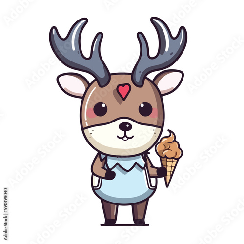 Mascot cartoon of cute deer holding delicious ice cream cone. 2d character of disability vector illustration in isolated background © stylusstudio