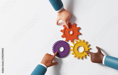 Top view of multiple hands of business team holding on gears. photo