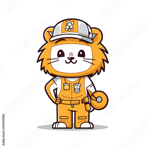 Mascot cartoon of cute smile lion car and tire mechanic wearing uniform and cap. 2d character vector illustration in isolated background