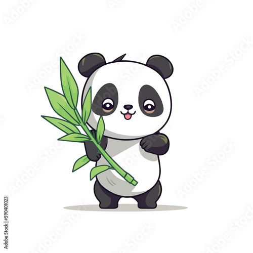 Mascot cartoon of cute smile panda holding green bamboo. 2d character vector illustration in isolated background