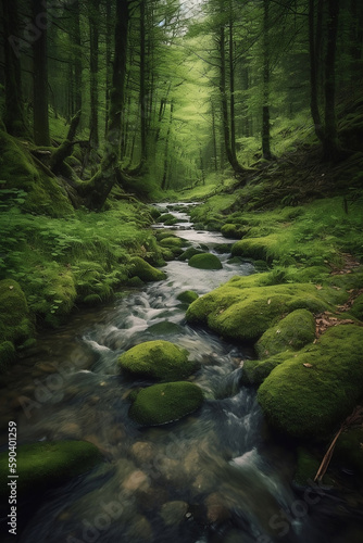 colorful green forest with stream