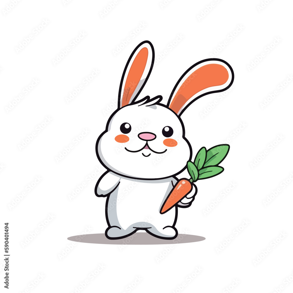 Mascot cartoon of cute smile rabbit holding big fresh orange carrot. 2d character of disability vector illustration in isolated background