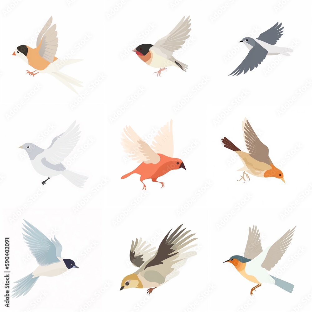 flat illustration, set of flying small bird | Generative AI flat illustration, set of flying small bird | Generative AI
