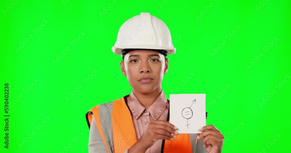 Construction, woman face and gender equality on green screen, poster or studio sign of fair pay gap. Portrait, serious or female engineer worker discrimination, equity and protest of bias opportunity Construction, woman face and gender equality on green screen, poster or studio sign of fair pay gap. Portrait, serious or female engineer worker discrimination, equity and protest of bias opportunity