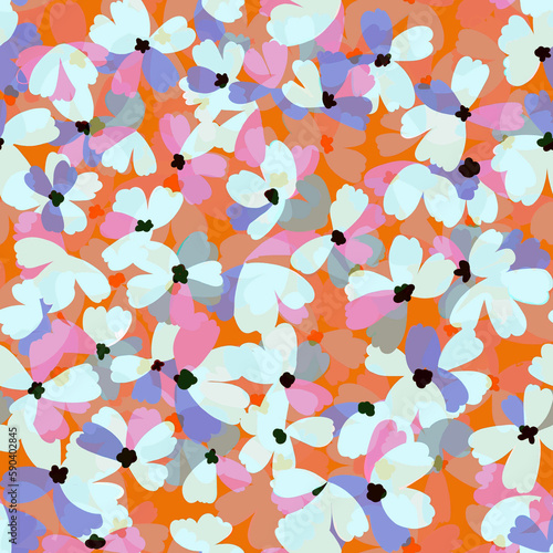 Spring floral mosaic seamless pattern Simple flat white pink blue flowers on a muted orange background