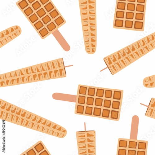 Sweet food and dessert food, vector seamless pattern of golden brown homemade corn dog waffle on a stick.