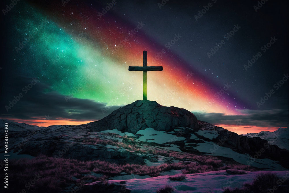 Cross of Jesus Christ, Cross of Christ on top of the Mountain, Night, Aurora borealis, Colorful, Holy Week, Sacrifice, Resurrection, Crucifixion. Generative AI