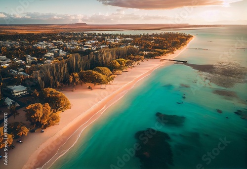 Aerial view of Flic en Flac Beach in Mauritius Island. Generative AI photo