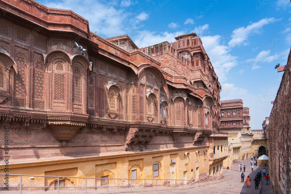 Jodhpur, Rajasthan, India- 17.10.2019 : Jhanki Mahal, for royal women to see royal possessions from the windows or Jharokha, stone window projecting from upper story wall, overlooking Mehrangarh fort,