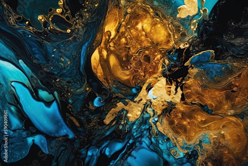 Generative AI illustration streaks of gold ink for abstract blue marble background
